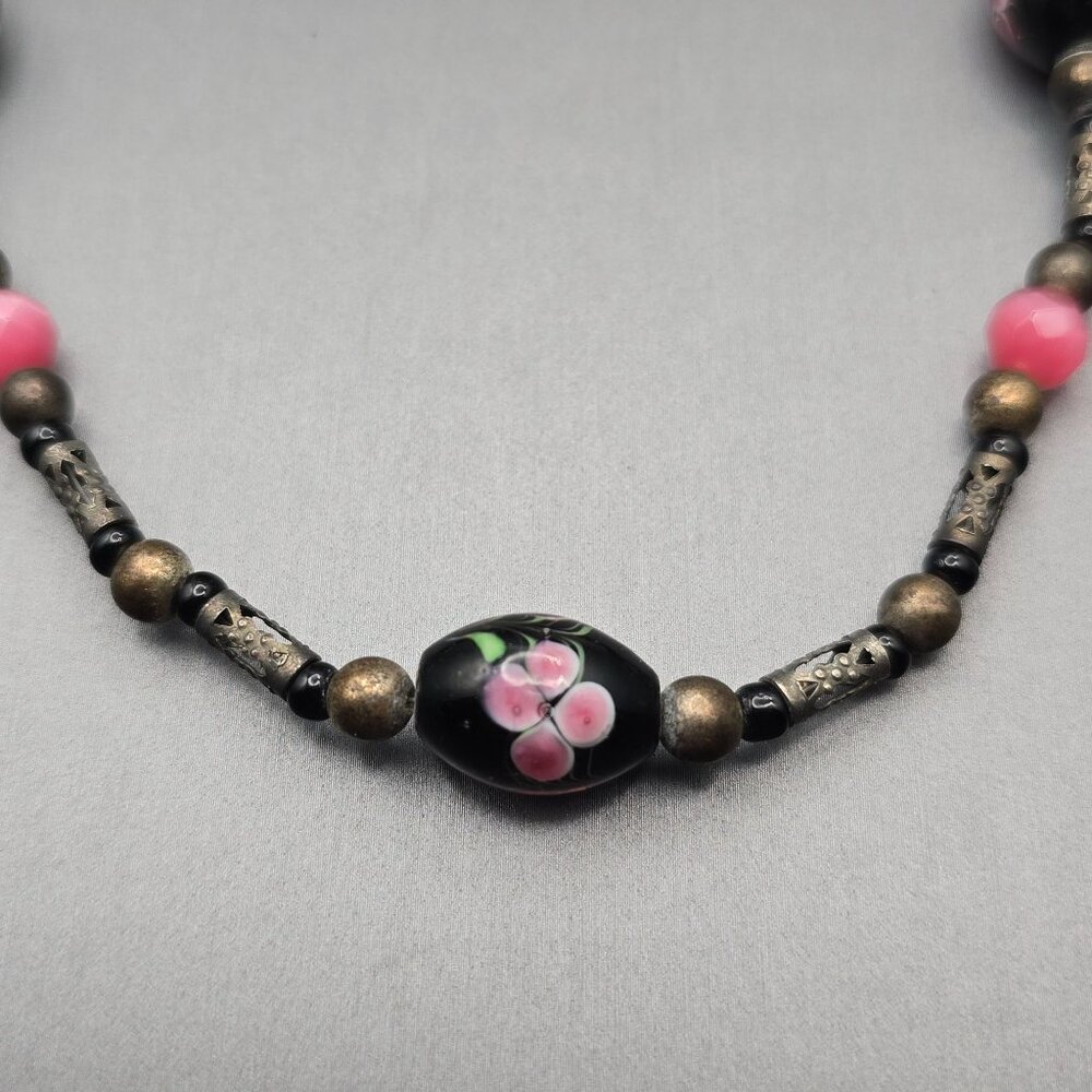 VTG Hand-Blown Lampwork Glass Bead Necklace 16" Floral Motifs Mixed Media - Picture 4 of 12